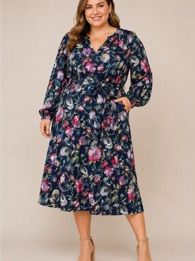 J.Crew 3X Navy Floral Long Sleeve Tie Waist Midi Dress Plus Size